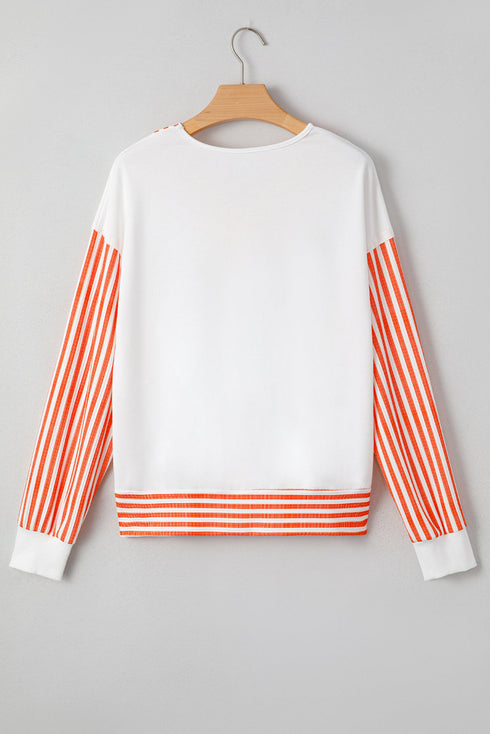 Chevron V Neck Drop Shoulder Striped Sleeve Colorblock Rib Hem Long Sleeve Top